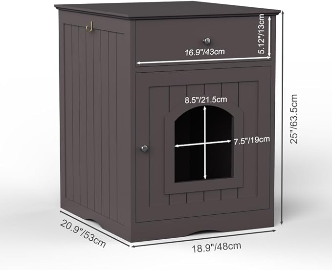 Cat Litter Box Enclosure Furniture with Drawer - Wooden Hidden Litter Box Cabinet, Indoor Pet Crate & Cat House Nightstand, Side Table for Living Room, 18.9" W x 20.9" D (Brown + Solid Wood)