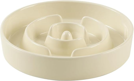 Ceramic 3.2 Cup Slow Feeder Dog Bowl for Large Dog, 9.5inch Puzzle Food Dish, Anti-Gulping, Stop Bloat, Preventing Choking (Single Bowl-Beige)