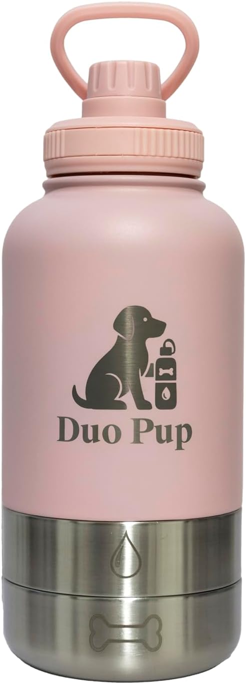 DuoPup 32oz Insulated Stainless Steel Pet Water & Food Bottle – Portable Leak-Resistant Dispenser with Two Detachable Bowls & Carrying Strap – Travel, Hiking & Outdoor Pet Hydration – Pink