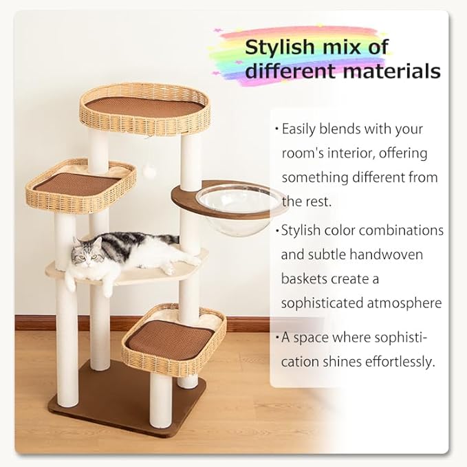 48'' Natural Wood Cat Tree with Rattan Beds & Clear Acrylic Bowl, Multi-Level Cat Tower for Indoor Cats, Modern Wooden Cat Condo with Scratch Posts (Dark Brown)