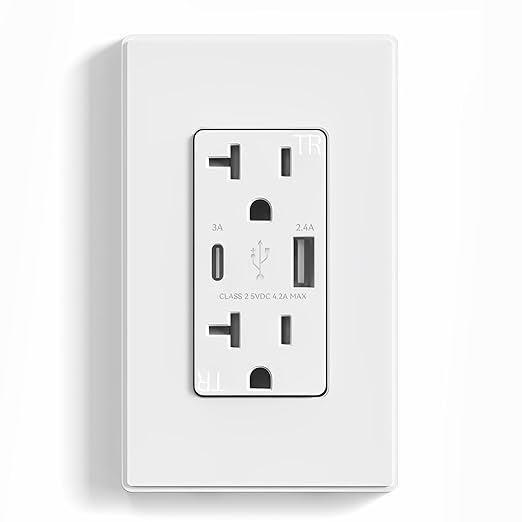 ELEGRP USB Charger Wall Outlet, USB Receptacle with Type A & Type C USB Ports, 20 Amp Duplex Tamper Resistant Receptacle Plug, Wall Plate Included, UL Listed (1 Pack, Matte White)