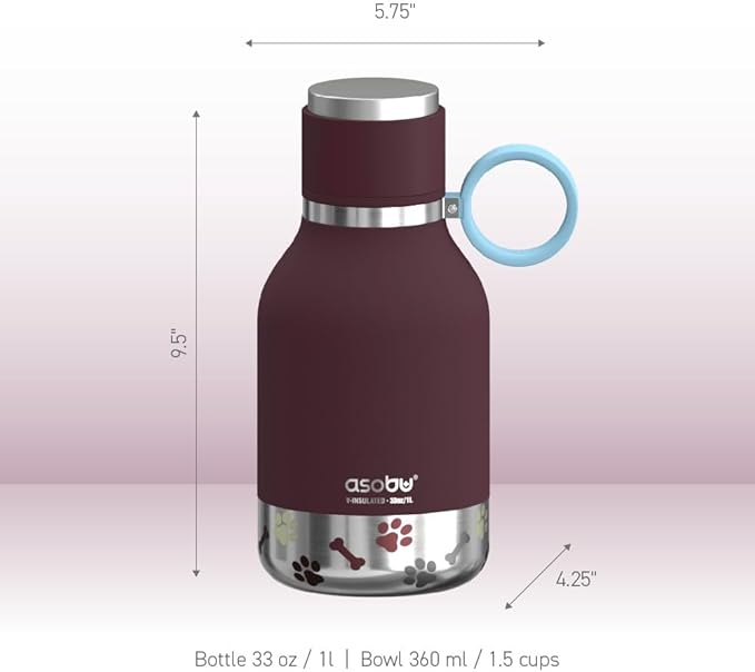 Asobu Buddy Bottle a Stainless Steel Insulated Water Bottle for with Removable Dog Water Bowl and Dog Food and Treat Storage Bowl (Burgundy, 37 Oz Water Bottle with Bowl)
