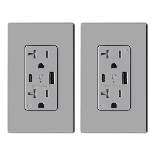 ELEGRP USB Charger Wall Outlet, USB Receptacle with USB A & USB C Ports, 20 Amp Duplex Tamper Resistant Receptacle Plug NEMA 5-20R, Wall Plate Included, UL Listed, 2 Pack, Matte Grey