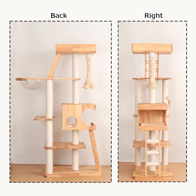 Modern Cat Tree for Large Cats, Solid Wood Cat Tower Heavy Duty with Scratch Post Stair Cat Condo Acrylic Bowl for Indoor Big Cats (Natural Wood SP160)