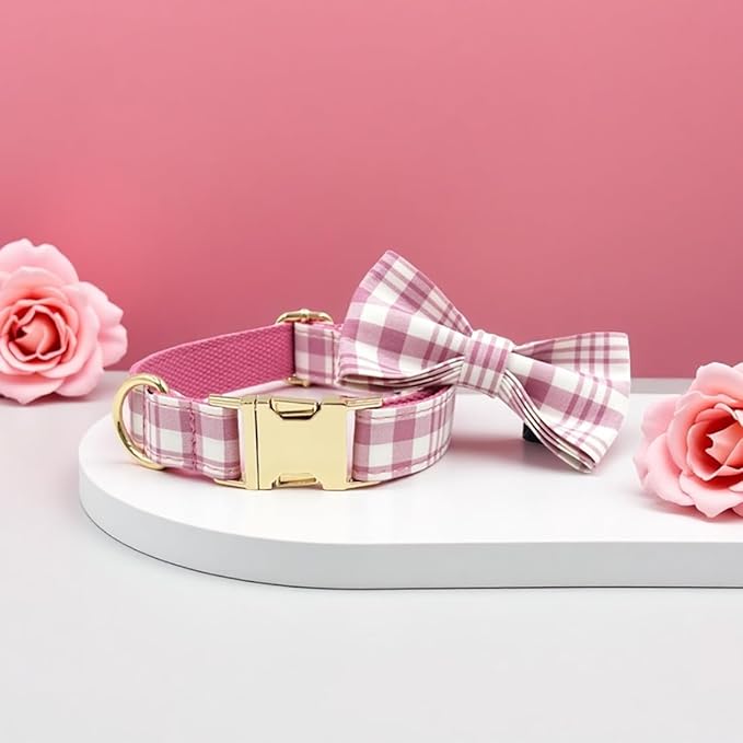 PETDURO Personalized Dog Collar Pink Plaid for Large Medium Dogs | Engraved Name and Phone Number on Gold Metal Buckle for Girls | Add Leash & Bow Tie via Customize Now