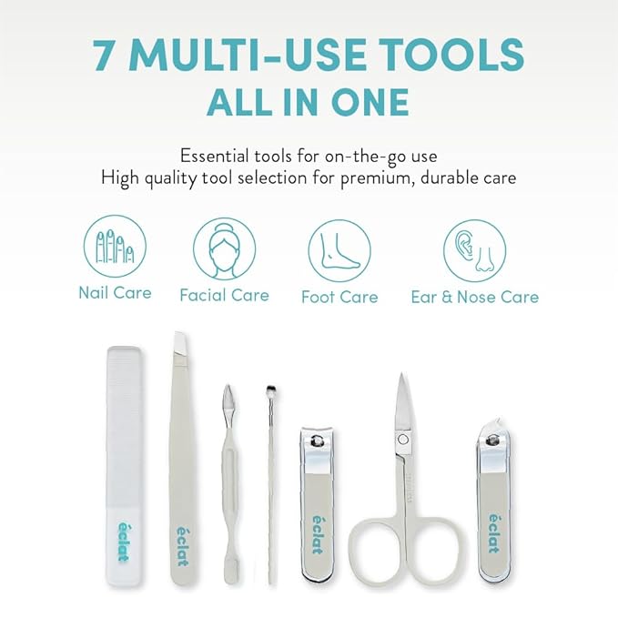 Éclat Manicure Pedicure Kit for Men & Women, 7Pcs Finger & Toe Nail Care Tools Includes Nail Clipper Cutter, Tweezer, File, Cuticle Pusher, Personal Care Professional Grooming Set With Travel Case