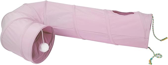 Cat Tunnel, 2-Way Collapsible Cat Tube with Interactive Peek-A-Boo Hole, Toy Ball, and Rope – Ideal for Indoor Cats, Kittens, and Rabbits (Pink)