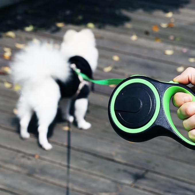 Retractable Dog Leash – 5M Strong Non Chew Nylon Lead with 360° Swivel Hook, One-Touch Lock, Ergonomic Anti-Slip Handle – Green on Black Neon Pet Leash