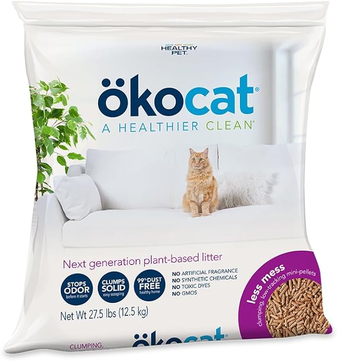 ökocat Less Mess Low Tracking Wood Clumping Cat Litter Mini- Pellets, Unscented, 27.5 pounds XL - Natural Ingredients, Stops Odor, Clumps Solid, 99% Dust Free, Great for Long-Hair Breeds