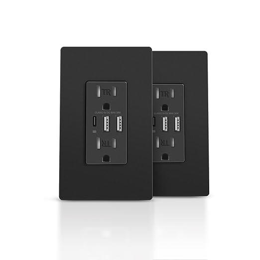 TOPELER Black USB Wall Outlet, 6.0Amp Electrical Socket with USB Type A&C Ports, 15A Duplex Tamper Resistant Receptacle Plug, UL&FCC Listed, Screwless Wall Plate Include, 2 Pack