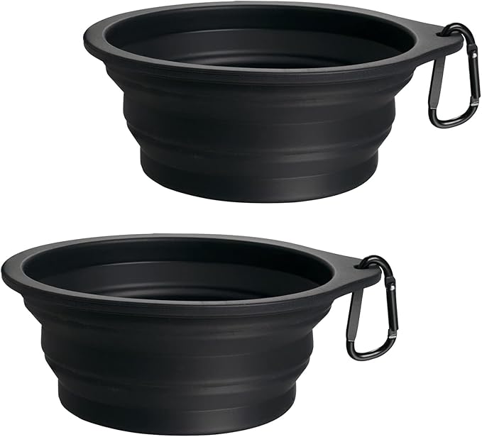PetBonus 2-Pack Large Silicone Collapsible Dog Bowls, 34oz/1000ml BPA Free Portable Foldable Travel Bowl for Pet Cat, Food Water Feeding Dish for Camping with 2 Carabiners (Black, Black)