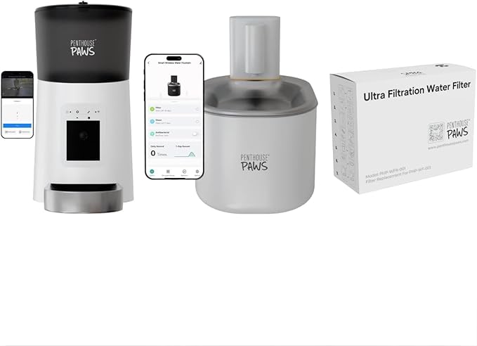 Bundle of Penthouse Paws Smart HD Cat Feeder 6L with Camera + 3.5L Smart Wireless Water Fountain with Replacement Filters, Feeding & Hydration for Cat & Dog