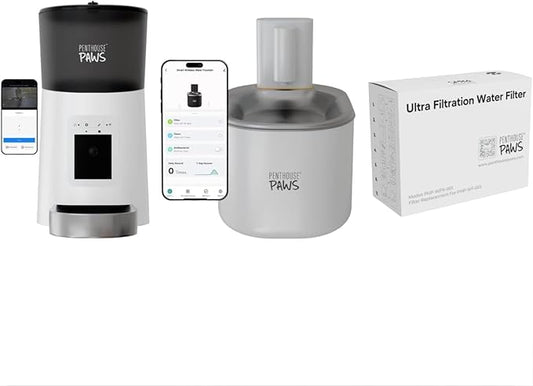 Bundle of Penthouse Paws Smart HD Cat Feeder 6L with Camera + 3.5L Smart Wireless Water Fountain with Replacement Filters, Feeding & Hydration for Cat & Dog