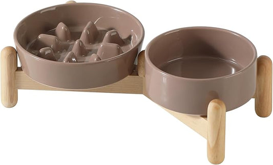 Ceramic 0.9 Cup Raised Slow Feeder Dog Bowl Set, Elevated 5.1inch Bowl and 6.1inch Slow Pet Food Dish with Wooden Stand for Small Dog and Cat(2 x Brown Coffee+ Stand)