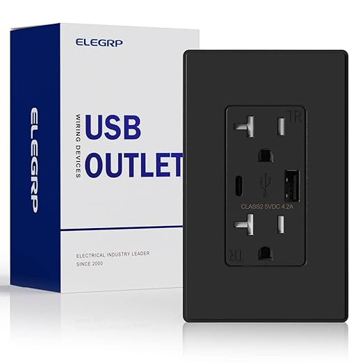 ELEGRP USB Charger Wall Outlet, USB Receptacle with Type A & Type C USB Ports, 20 Amp Duplex Tamper Resistant Receptacle Plug, Wall Plate Included, UL Listed (1 Pack, Matte Black)