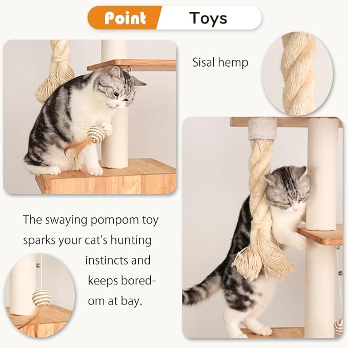 Modern Cat Tree for Large Cats, Solid Wood Cat Tower Heavy Duty with Scratch Post Stair Cat Condo Acrylic Bowl for Indoor Big Cats (Natural Wood SP160)
