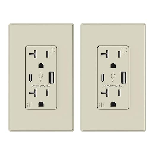 ELEGRP USB Charger Wall Outlet, USB Receptacle with USB A & USB C Ports, 20 Amp Duplex Tamper Resistant Receptacle Plug NEMA 5-20R, Wall Plate Included, UL Listed, 2 Pack, Matte Light Almond