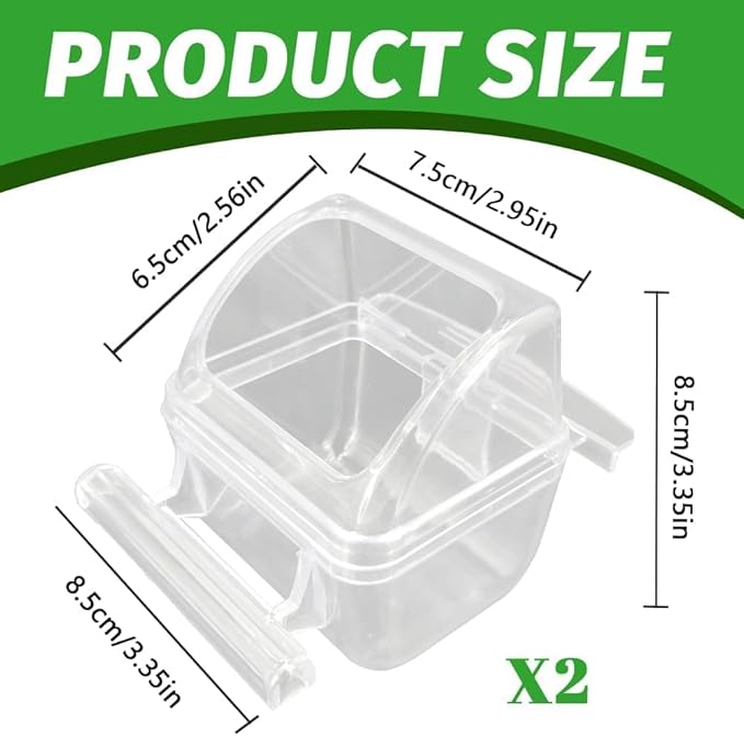 2 Pack Bird Feeders for Cage, No Mess Clear Hanging Parrot Food Bowl, Plastic Slot Food & Water Dispenser Bowl Set, Bird Cage Accessories for Hamsters,Pigeons,Parrot (Clear, 2 pcs)