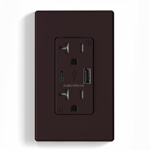 ELEGRP USB Wall Outlet, USB A & C Ports, 20 Amp Duplex Tamper Resistant Receptacle Plug NEMA 5-20R, Wall Plate Included, UL Listed, Matte Brown