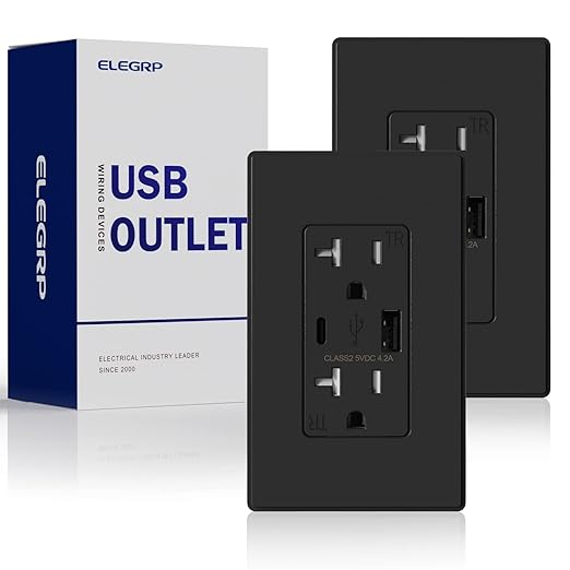 ELEGRP USB Charger Wall Outlet, Type A & C USB Ports, 20 Amp Tamper Resistant Receptacle Plug, Wall Plate Included, UL Listed (2 Pack, Matte Black)
