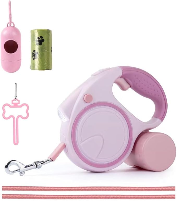 Best Dog Supplies | Pink Retractable Dog Leash with Light, Poop Bag Dispenser, Poop Bag Holder, 2 Elastic Ropes | Set of 4