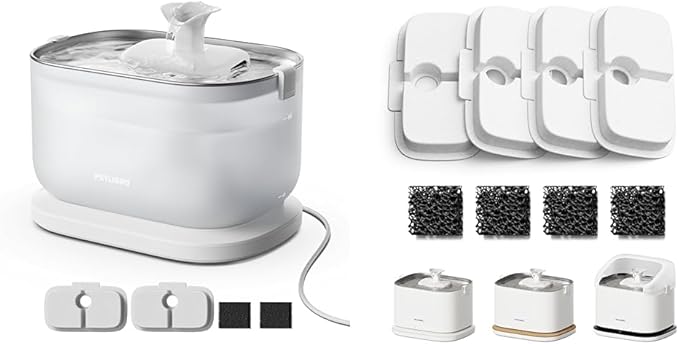 PETLIBRO Cat Water Fountain + PETLIBRO Genuine 4 Packs Filters, Cat Fountain Indoor Stainless Steel Tray, 2.5L/84oz Wireless Pump Pet Water Fountain, Cat Water Dispenser with Two Flow Modes
