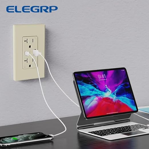 ELEGRP USB Wall Outlet, Tamper Resistant Receptacle with USB A & C Ports, 20 Amp NEMA 5-20R Plug, Wall Plate Included, UL Listed, Matte Light Almond
