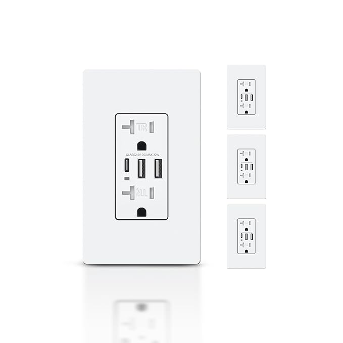 TOPELER USB-C Wall Outlets, 6.0A Charging Power Outlet with 3 USB Ports, 20 Amp Duplex Tamper-Resistant Receptacle Plug, Screwless Plate Include, UL & FCC Listed, White, 4 Pack