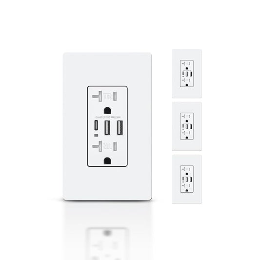 TOPELER USB-C Wall Outlets, 6.0A Charging Power Outlet with 3 USB Ports, 20 Amp Duplex Tamper-Resistant Receptacle Plug, Screwless Plate Include, UL & FCC Listed, White, 4 Pack