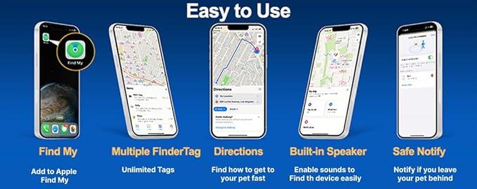 PawsPath Pet GPS Tracker Collar, Unlimited Range Waterproof Cat Dog Anti-Lost Device Smart Locator Tracking GPS Pet Tracker Collar for Apple iOS FindMy (Blue, Large)