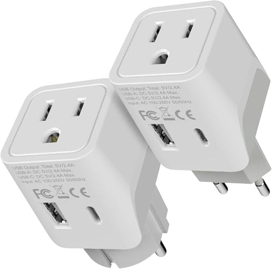 Ceptics European Travel Plug Adapter – Compact Type C & F Adapter with USB-C & A + USA Input – Safe Grounded Schuko Adapter – Travel Charger for France, Germany & More – CTU-9-9C-PK
