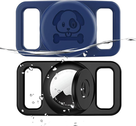 2 Pack Waterproof AirTag Dog Collar Holder Compatible with Apple AirTag, Silicone Hidden Loop Holder for Airtag Tracker, Anti-Lost Dog Collar Air Tag Accessories(Blue,Black)