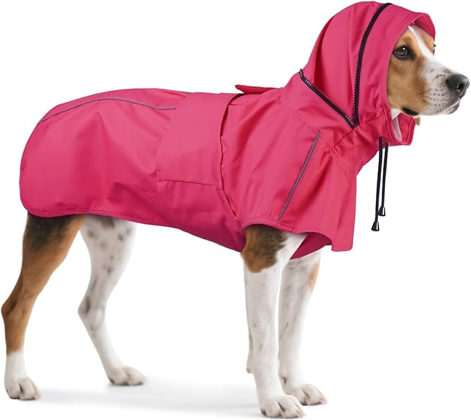 Dog Raincoats for Large Dogs with Hood, Waterproof Dog Rain Coat with Leash Hole, Reflect Strips, Ideal for Rain, Snow, Windy Weather & Outdoor Walks, Camping, Hiking - Pink L
