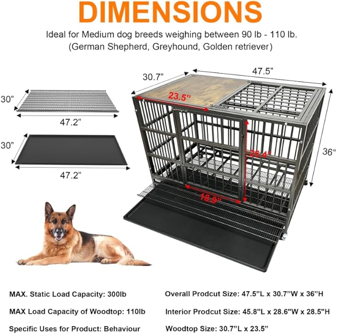 54/48/42/38 Inch Heavy Duty Funiture Dog Crate with Wheels, Indestructible and Escape Proof Wooden Kennel Indoor for High Anxiety Dogs with Double Door and Tray, Extra Large XL XXL