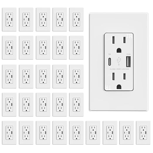 ELEGRP Charger Wall Outlet With USB A & C Ports, 15 Amp Duplex Tamper Resistant Receptacle Plug NEMA 5-15R, Wall Plate Included, UL Listed, 30 Pack, Matte White