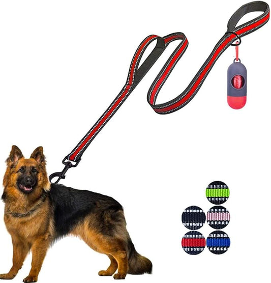 JSXD 5 FT Heavy Duty Double Handle Dog Leash with Comfortable Padded and Reflective Rope, Suitable for Small, Medium, Large Dogs (Wide-Red)
