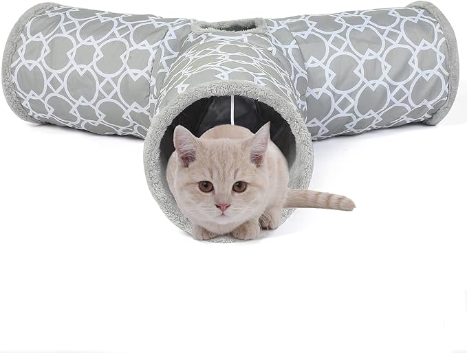 LUCKITTY Geometric 3 Way Cat Tunnel with Plush Inside,Cats Toys Collapsible Tunnel Tube with Balls, for Rabbits, Kittens, Ferrets,Puppy and Dogs
