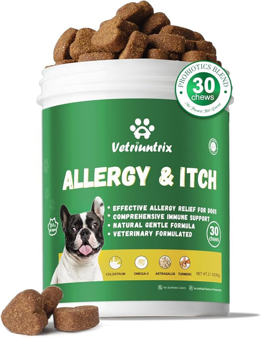 Dog Allergy Chews,Dog Itching Skin Relief with Probiotics Omega 3, Allergy Relief for Dogs Itching Licking Paws, Support Seasonal Allergy, Gut & Digestive Health and Immune System-30ct
