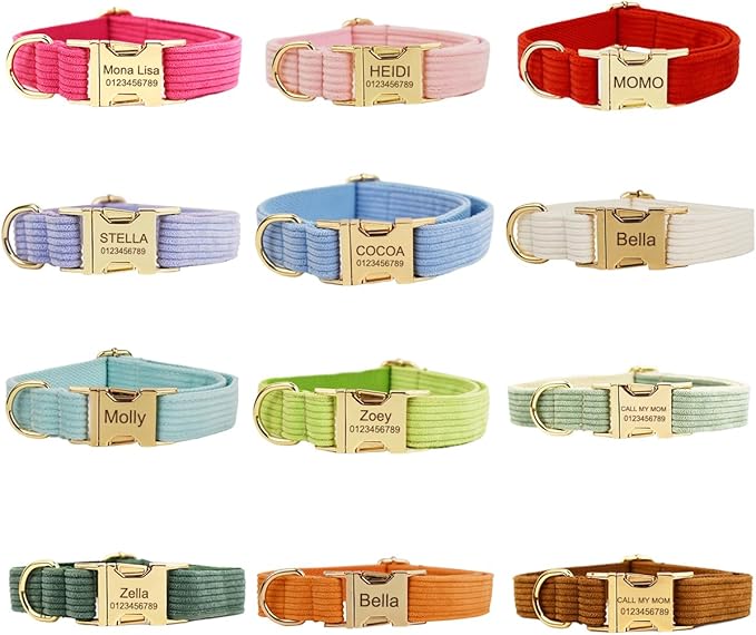 Custom Dog Collar with Metal Buckle - Pet Collars Personalized with Name and Phone Number (Corduroy)