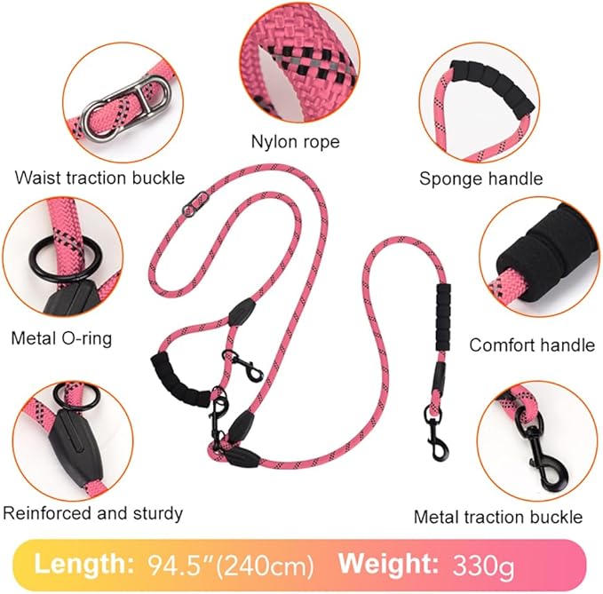 Cymiler Hands Free Dog Leash, 8 Ft Reflective Cross-Body Pet Rope Leashes with Sponge Handle, Heavy Duty Nylon, for Running, Hiking, Training, Waist Leash for Small Medium Large Dogs (Pink)