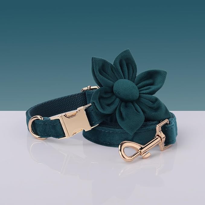 Velvet Personalized Dog Collar with Name - Customizable Dog Collar with Quick Release Metal Buckle - Leash and Bow Tie Available (Teal, S)
