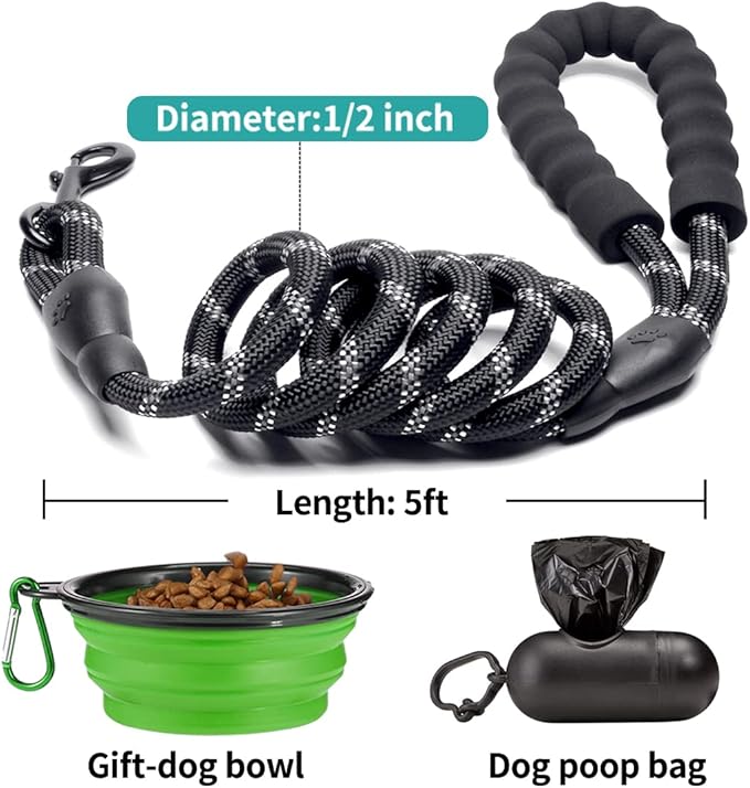 COOYOO 2 Pack Dog Leash 5 FT Heavy Duty - Comfortable Padded Handle - Reflective Dog Leash for Medium Large Dogs with Collapsible Pet Bowl