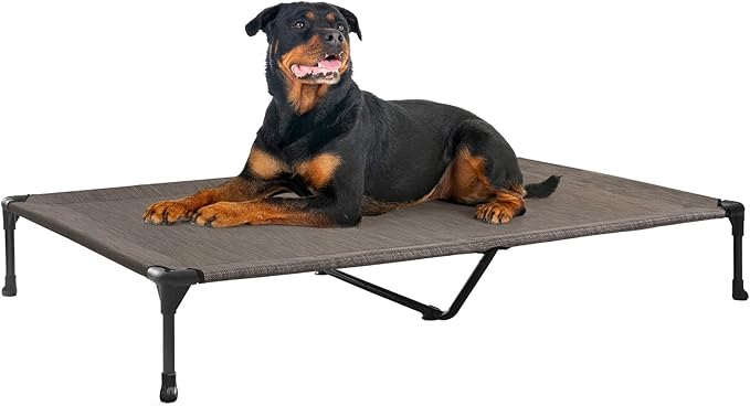 Veehoo Outdoor Elevated Dog Bed Large Sized Dogs, Extra Large Cooling Raised Dog Cots Beds Training Platform Off Ground Hammock with Breathable Mesh, No-Slip Feet, 53"x37", Brown