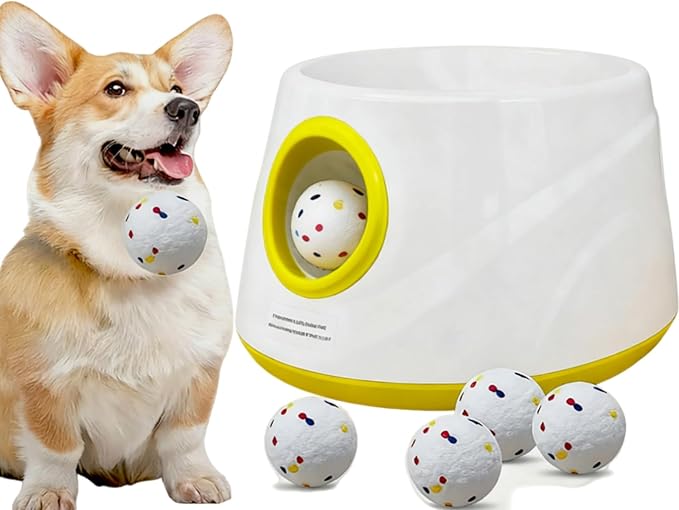 Automatic Ball Launcher for Dogs, Dog Ball Launcher with 6 ETPU 2.3” Balls, Adjustable Distance Thrower for Indoor & Outdoor Fetch Play, Interactive Pet Toy for Small & Medium Dogs