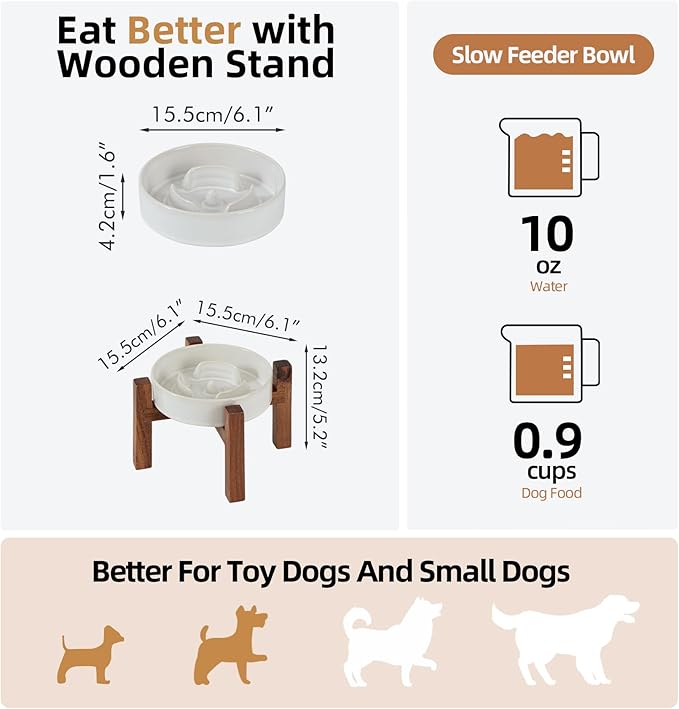 Ceramic 0.9 Cup Raised Slow Feeder Dog Bowl Set, Elevated Acacia Wood Stand for Small Dog and Cat, 6.1inch Slow Dish, Stop Bloat(Single Bowl+ Stand, Reactived Glaze -White)