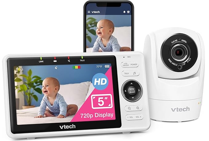 VTech Upgraded Smart WiFi Baby Monitor, 1080p FHD Camera and 5" HD IPS Display, Free App with Motion Video, Sound/Motion Detection and Notifications, Fully Remote Pan-Tilt-Zoom: VM901
