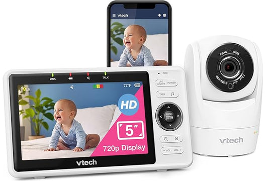 VTech Upgraded Smart WiFi Baby Monitor, 1080p FHD Camera and 5" HD IPS Display, Free App with Motion Video, Sound/Motion Detection and Notifications, Fully Remote Pan-Tilt-Zoom: VM901