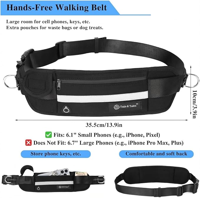 Tails & Tales Hands Free Dog Leash with Lightweight Waist Pouch for Walking Running Hiking, Adjustable Belt 25-45", Dual Padded Handles, Reflective Bungee Design for Small to Large 100lb Dogs (Black)