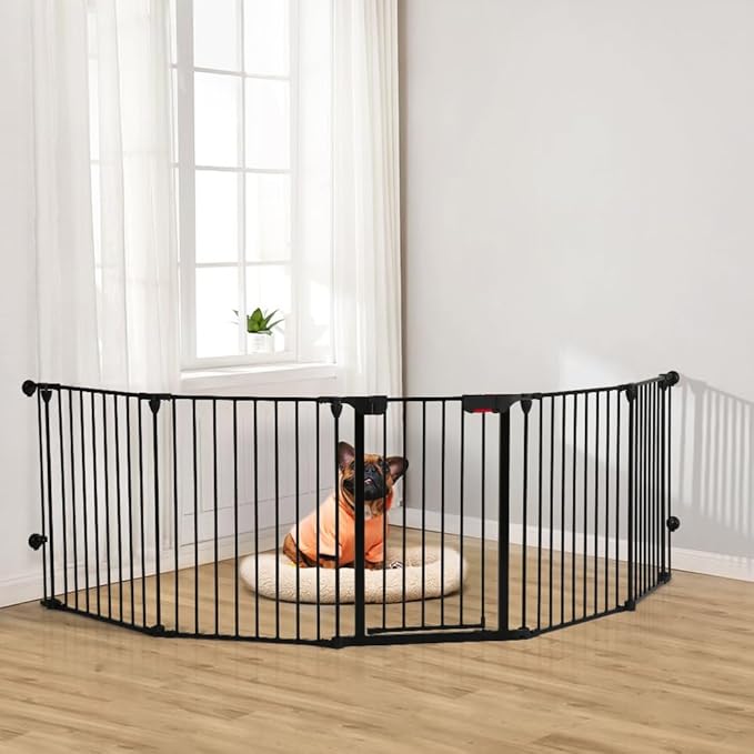 Freestanding Dog Gates with Door Walk Through, Extra Wide Doggy Door 125" W x 29" H Pet Gate Safty 5 Panels Dog Fence for Stairs, Doorways