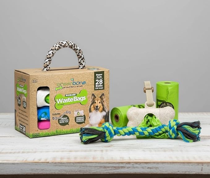 Greenbone BioBase Blue Dog Poop Bag Refills: 28 Rolls - 336 Bags with Dispenser and Rope Toy Handle- Dog Gift Set